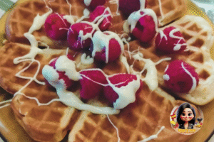 gofres americanos con chocolate blanco y frambuesas