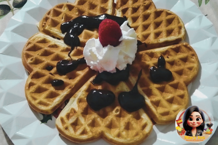 gofre con nata, chocolate y frambuesa